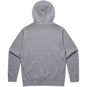 A grey hoodie featuring a large hood and long sleeves, with a plain back design. It has a logo.