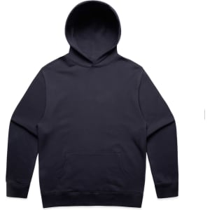 A navy blue hoodie featuring a large front pocket and a hood. The garment has a simple design and includes a logo.
