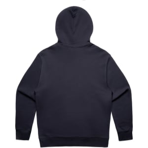 A navy blue hoodie featuring a large hood and long sleeves, with a plain back and logo.