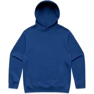 A blue hoodie featuring a front pocket and a classic hood design, with a logo on the chest.