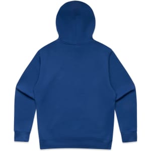 A blue hoodie with a plain back design and a hood. It includes a branding logo on the fabric.