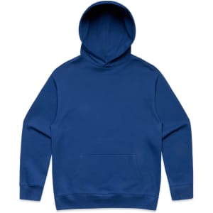 A blue hoodie with a large pouch pocket and a drawstringless hood. It features a logo on one side.