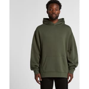 A green hoodie with a front pocket and a large hood, featuring a logo on the front.