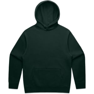 A dark green hoodie featuring a front pocket and a drawstring hood. It has a simple design and includes a logo.