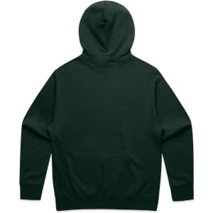 A dark green hoodie featuring a hood and long sleeves, with a plain back design. It has a logo on the back.