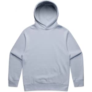 A light blue hoodie featuring a front pocket and a hood. It includes a logo but no visible text.