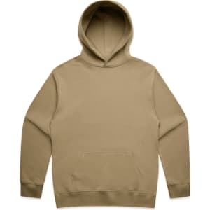 A beige hoodie with a front pocket and a drawstring hood, featuring a logo on the front.