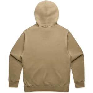 A beige hoodie with a hood, featuring long sleeves and a simple design at the back.