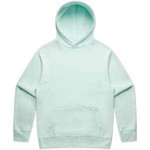 A mint green hoodie featuring a front pocket and a hood. The item has a simple design and includes branding.