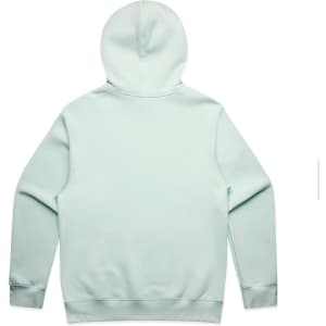 A light mint green hoodie with a kangaroo pocket and a hood at the back, featuring a logo.
