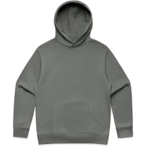 A grey hoodie with a front pocket and a hood. It features a branding logo.