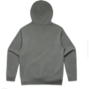 A grey hoodie with a hood and ribbed cuffs, featuring a plain back design and no visible branding.