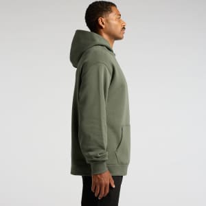 A green hoodie with a large front pocket and an attached hood, viewed from the side. Includes a logo on the chest.