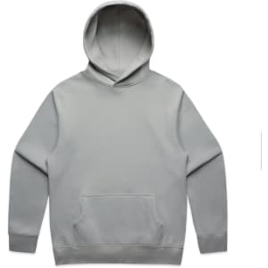 A grey hoodie with a front pocket and a hood, featuring a logo on one side.