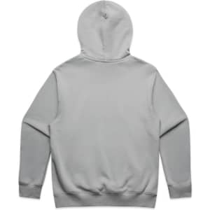 A grey hoodie with a hood and long sleeves, featuring a plain back and a logo.