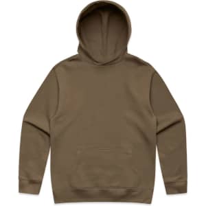 A brown hoodie featuring a front pocket and a drawstring hood. It has a logo on the front.