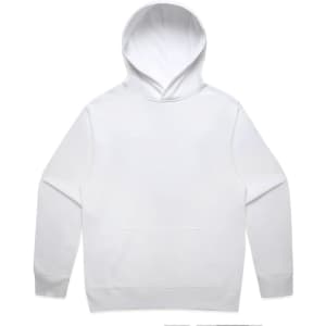A white hoodie featuring a hood and a front pocket, with a logo on the front.
