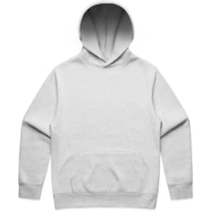 A light grey hoodie featuring a large front pocket and a classic hood design. It has a logo on the front.