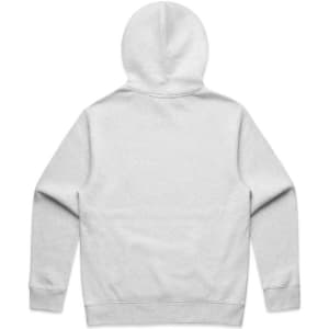 A grey hoodie with a drawstring hood and long sleeves, featuring a plain back design and a logo.