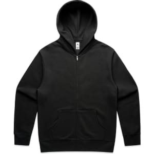 A black zip-up hoodie featuring a front pocket and a hood. It has a logo on the label.