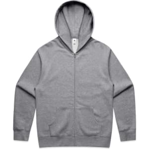 A grey zip-up hoodie with a front pocket and a hood, featuring a logo on the label.