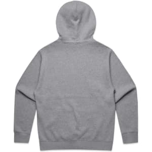 A grey hoodie with a hood and long sleeves, featuring a back view and a logo.