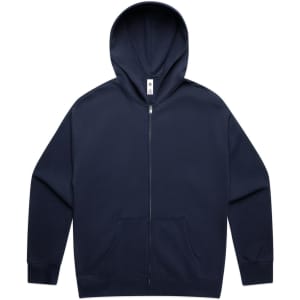 A navy zip-up hoodie with a kangaroo pocket and a hood. It features a small logo on the label inside.
