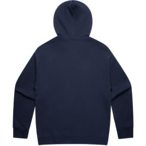 A navy blue hoodie featuring a hood and long sleeves, with a plain back and a branded logo.
