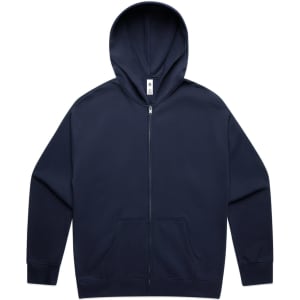 A navy zip-up hoodie featuring a front pocket and a hood. The product has a logo on the label.