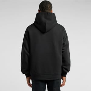 A black hooded jumper with a relaxed fit, featuring a hood and long sleeves, seen from the back.