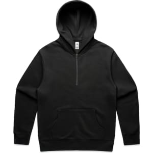 A black half-zip hoodie featuring a front pocket and a hood. It has a logo on the label.