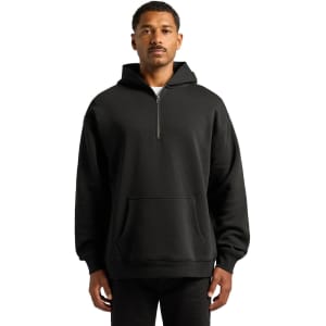 A black half zip hoodie with a front pocket and a drawstring hood, featuring a logo on the chest.