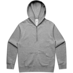 A grey half zip hoodie featuring a front pocket and a hood, with a logo on the label.
