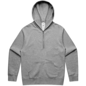 A grey half-zip hoodie with a front pocket and a hood. It has a logo on the label.