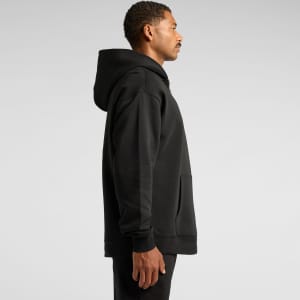 A black hoodie with a half zip and a front pocket, featuring a hood and a branding logo.