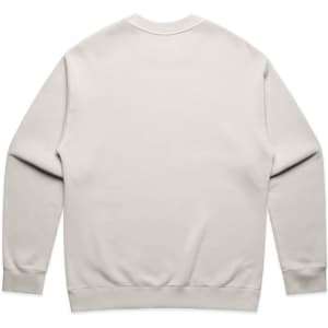 A plain grey crew jumper with long sleeves and a rounded neckline, featuring a logo on the back.