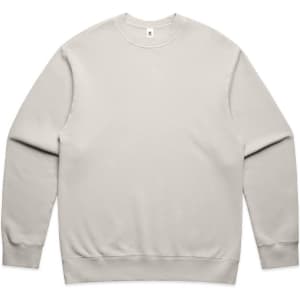 A light grey crew neck jumper with long sleeves. It features a simple design and a logo on the front.