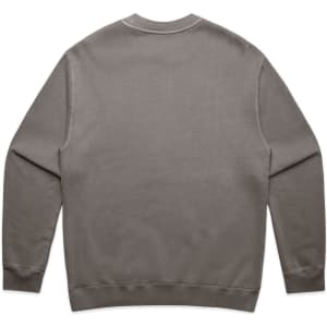 A grey jumper with a crew neck and long sleeves. The back is plain and features a logo.