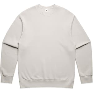 A light grey crew jumper with long sleeves, featuring a simple design and a logo on the tag.