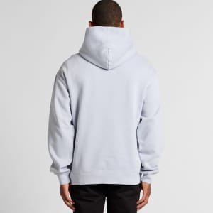 A light blue hoodie with a large hood, featuring a logo, viewed from the back.
