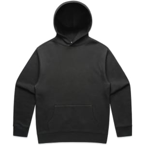 A black hooded jumper featuring a front pocket and a logo. Suitable for casual wear.