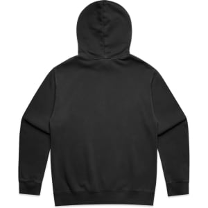 A black hoodie featuring a simple design and a front pocket, with a logo on the garment.