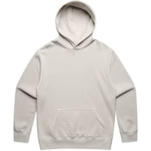 A light grey hoodie featuring a front pocket and a hood. The garment includes a logo on the front.