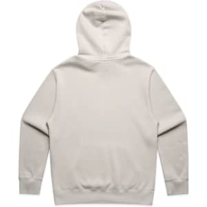 A beige hoodie with a hood and long sleeves, featuring a branding logo.