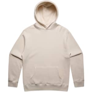 A beige hoodie with a front pocket and a hood, featuring a branded logo.