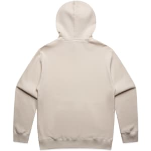 A beige hoodie with a hood, featuring long sleeves and a simple design, displayed from the back view.