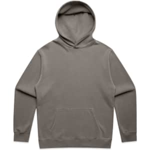 A faded green hoodie with a front pocket and a drawstring hood. It features a logo on the front.