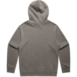 A faded olive green hoodie with a kangaroo pocket and a hood, featuring a logo. The back view is shown.