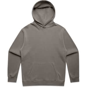 A faded olive green hoodie with a front pocket and a hood. The garment features a logo.