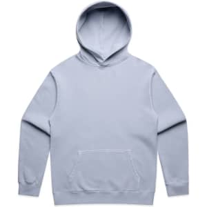 A light blue hoodie with a front pocket and an attached hood, featuring a logo.